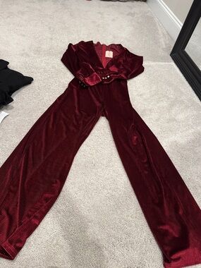 Tailored Velvet Blazer Jumpsuit in Deep Burgundy